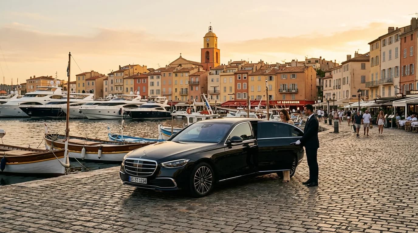 Private chauffeur transfer to Saint-Tropez with a black Mercedes on the quay