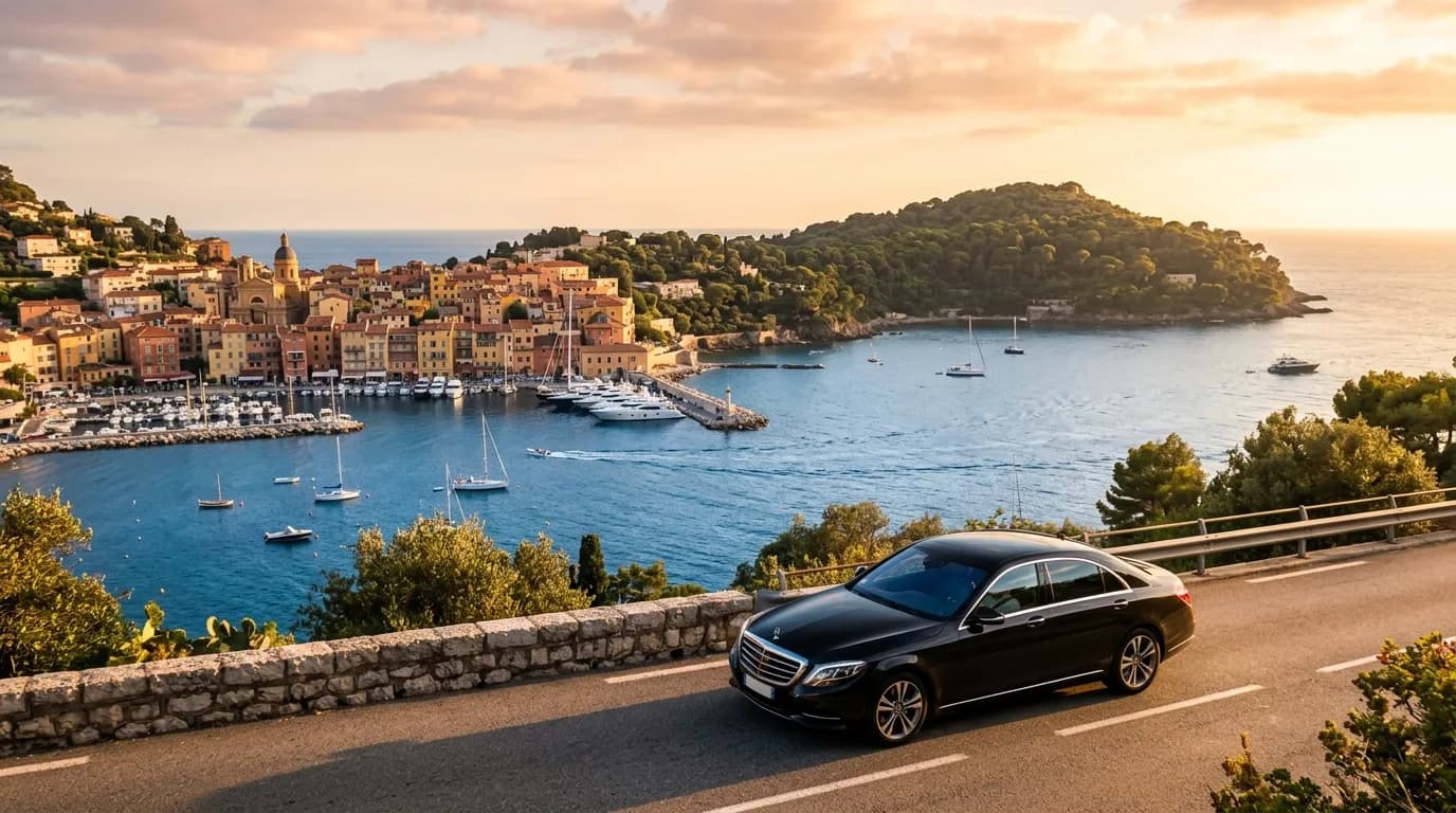 Private chauffeur transfer to Villefranche with a black Mercedes above the bay