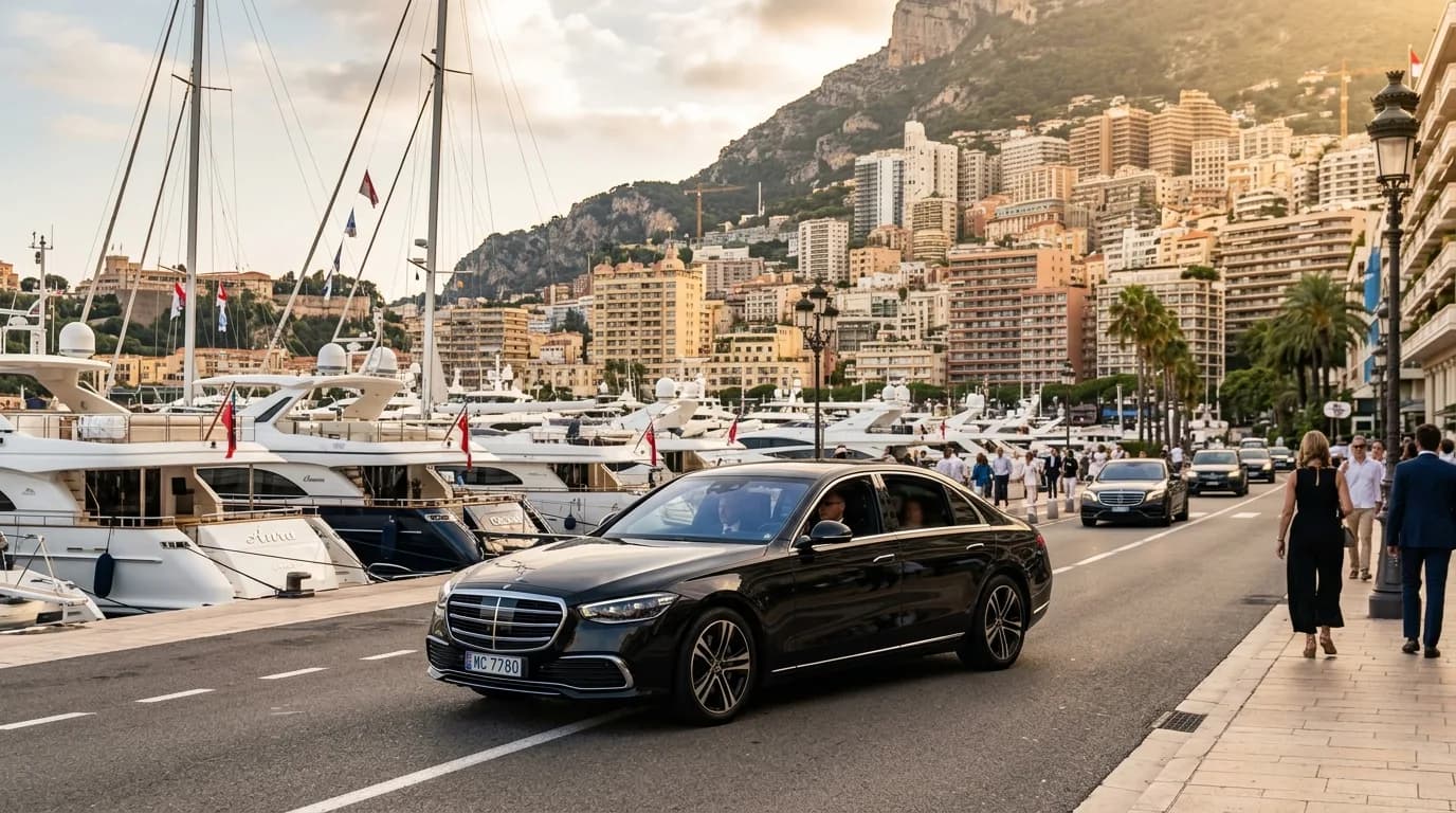 Yacht transfer to Port Hercule Monaco with a black Mercedes on the harbour