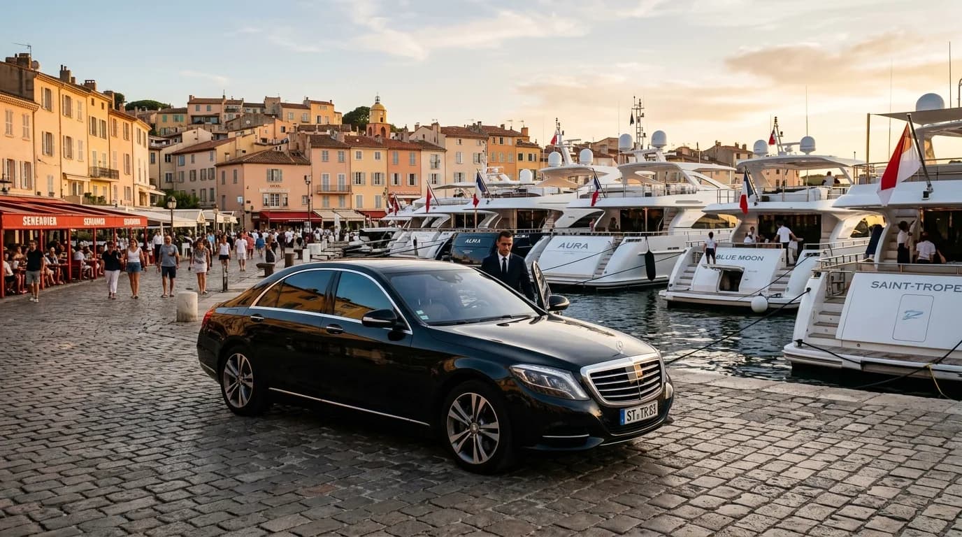 Yacht transfer to the old port of Saint-Tropez with a black Mercedes on the quay