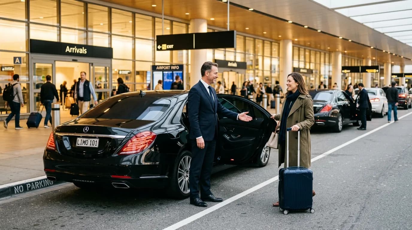 Professional chauffeur in a suit welcoming an arriving traveler beside a black luxury sedan