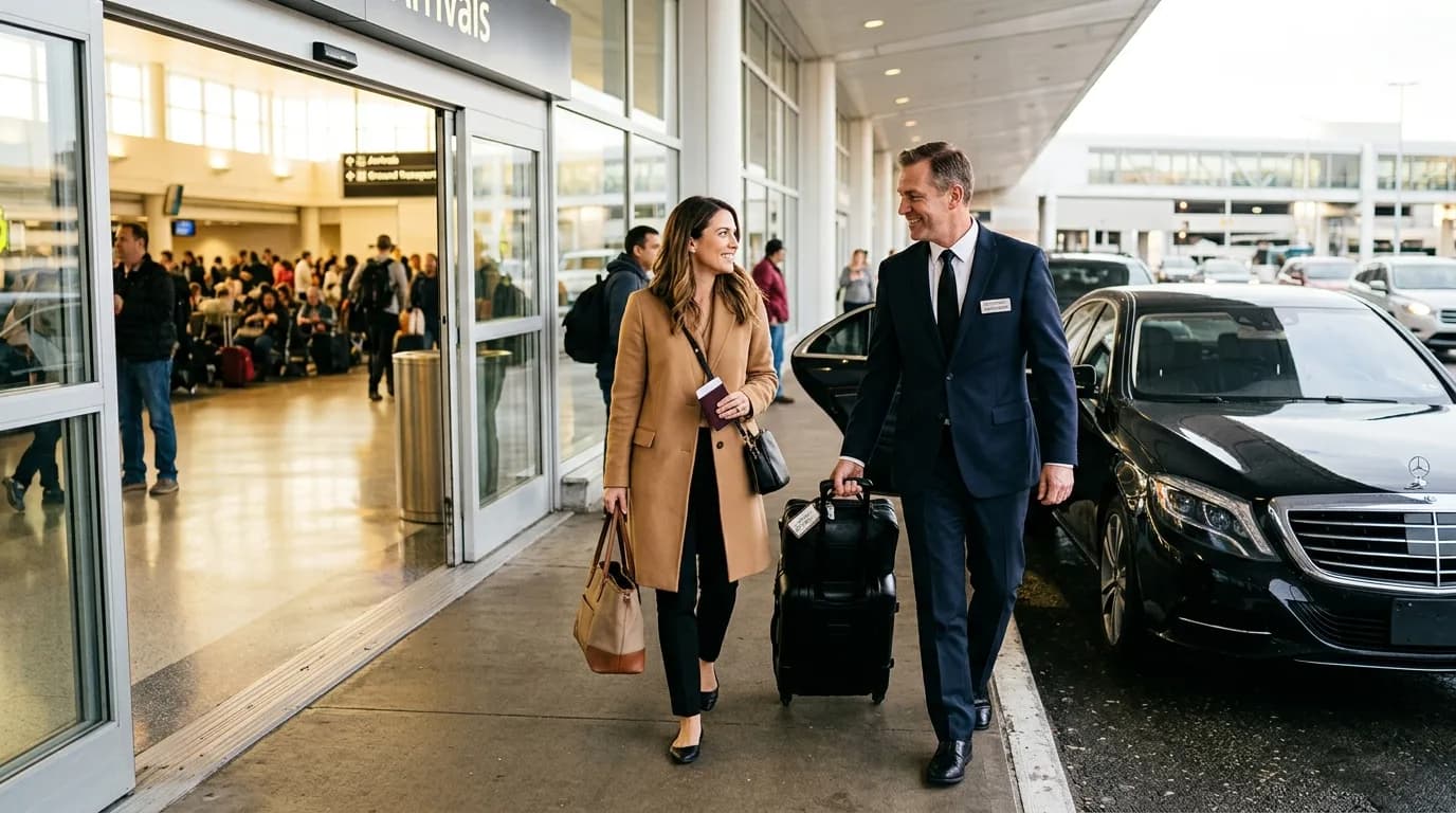 A chauffeur greeting a traveller and taking luggage to a waiting luxury car at the airport