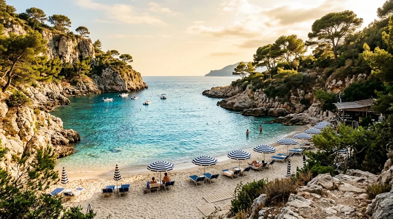 A secluded turquoise cove beach on the French Riviera with umbrella pines and sun loungers