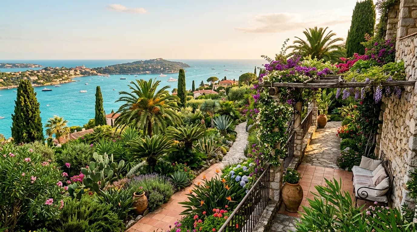 A lush Mediterranean garden on the French Riviera with palms, cacti and stone terraces above the sea