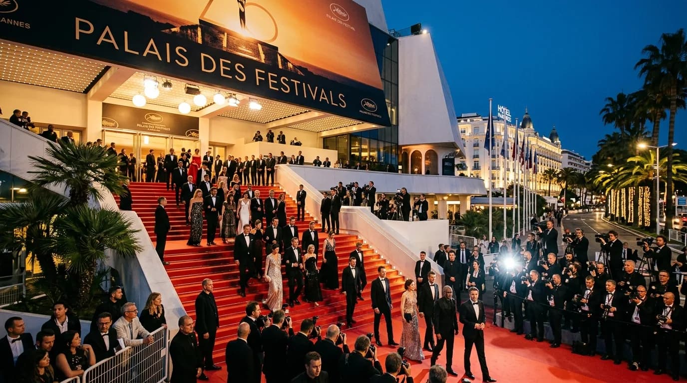 The red carpet and illuminated Palais des Festivals staircase in Cannes at dusk with crowds