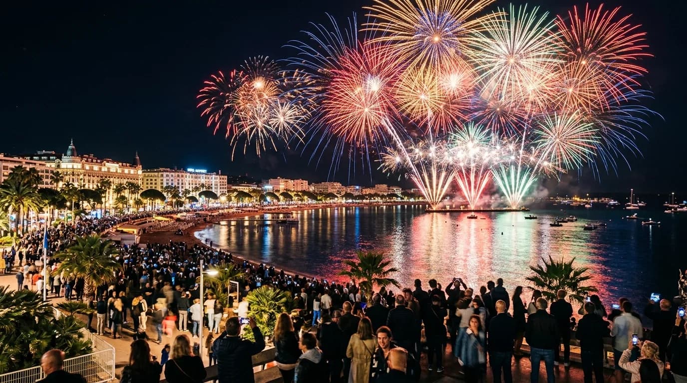 A fireworks display over the Bay of Cannes at night reflected on the water with the Croisette