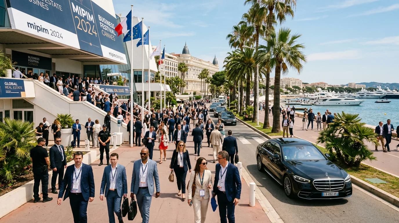 The Palais des Festivals and Croisette in Cannes with delegates on a bright summer day