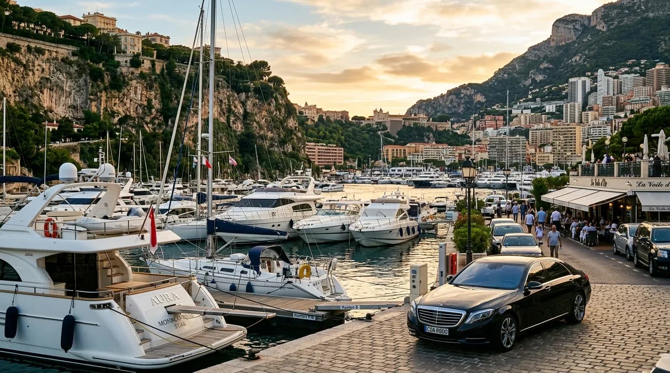 The marina of Cap d'Ail with moored yachts and the Monaco skyline just beyond