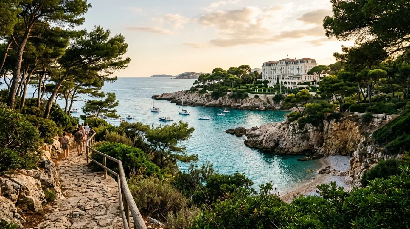 A rocky coastal path around Cap d'Antibes with turquoise coves and umbrella pines