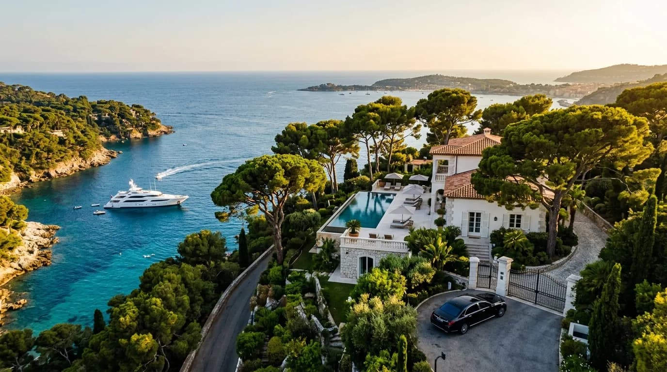 A luxury villa among pines above the sea at Cap-Ferrat with a yacht anchored in the bay below