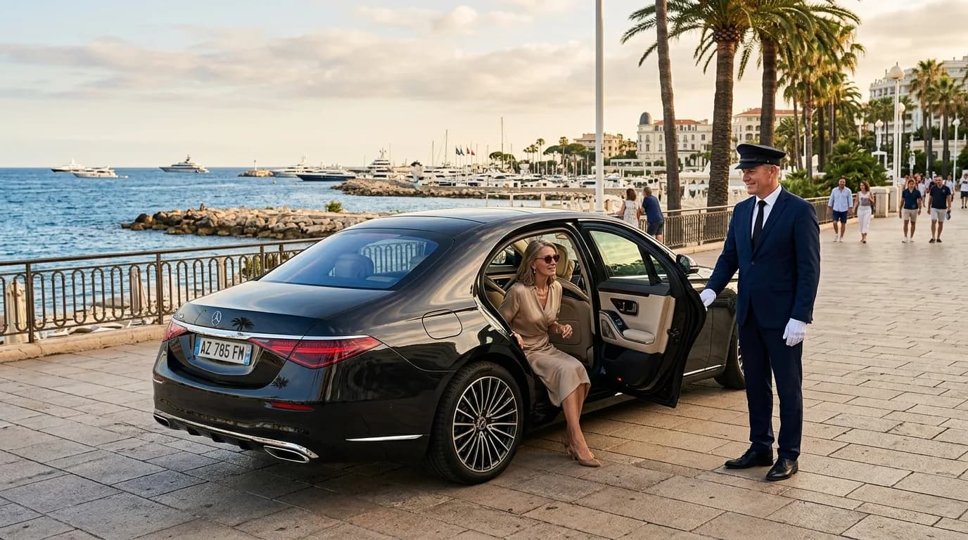 A chauffeur opening the rear door of a luxury Mercedes on a Riviera seafront