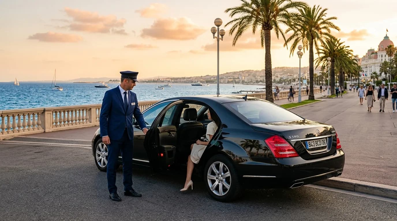 A black luxury chauffeur car on a Riviera seafront promenade with a chauffeur opening the door