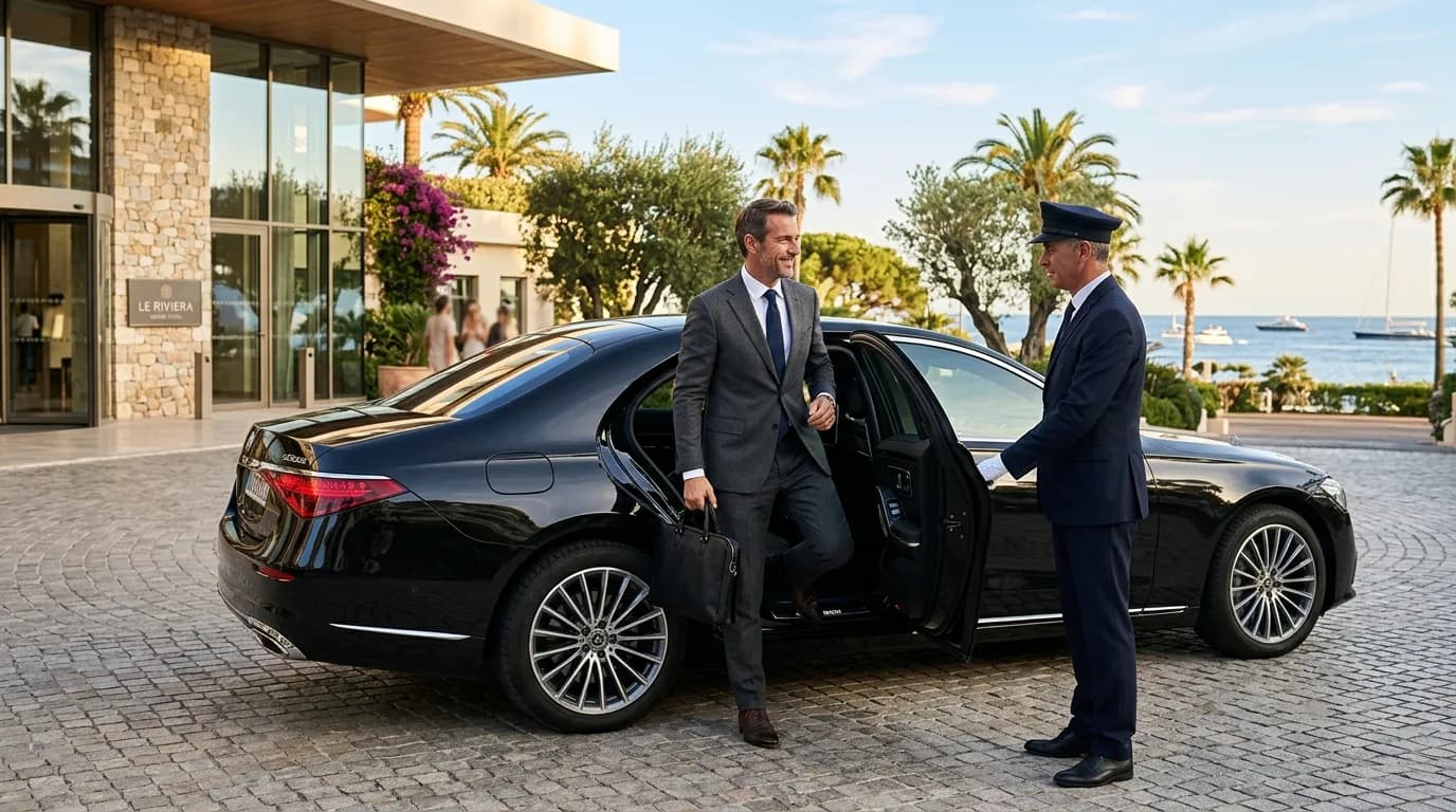 A businessman stepping into a black luxury Mercedes held open by a chauffeur on the Riviera