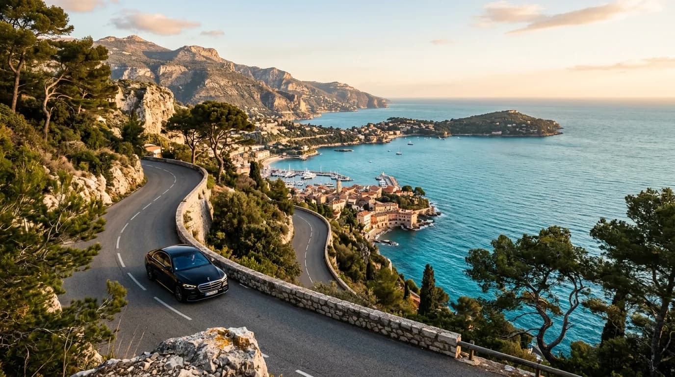 A panoramic view of the French Riviera coastline from a corniche with a luxury car
