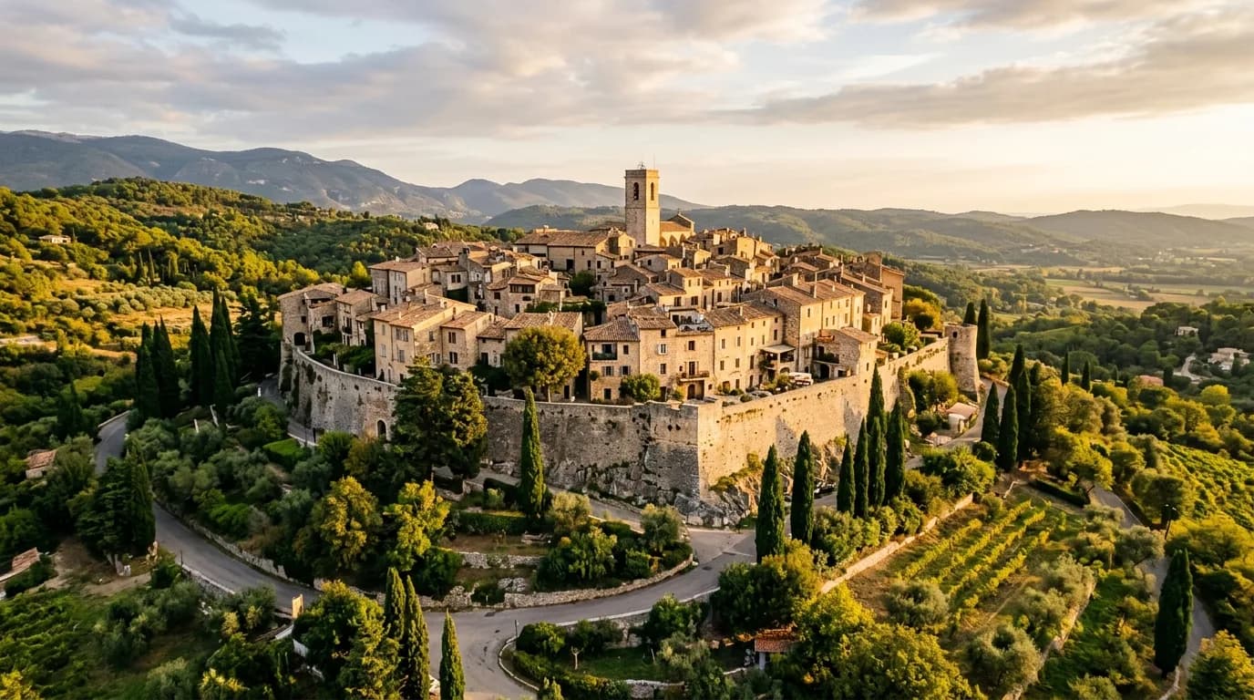 The hilltop medieval village of Saint-Paul-de-Vence among cypress trees and green hills