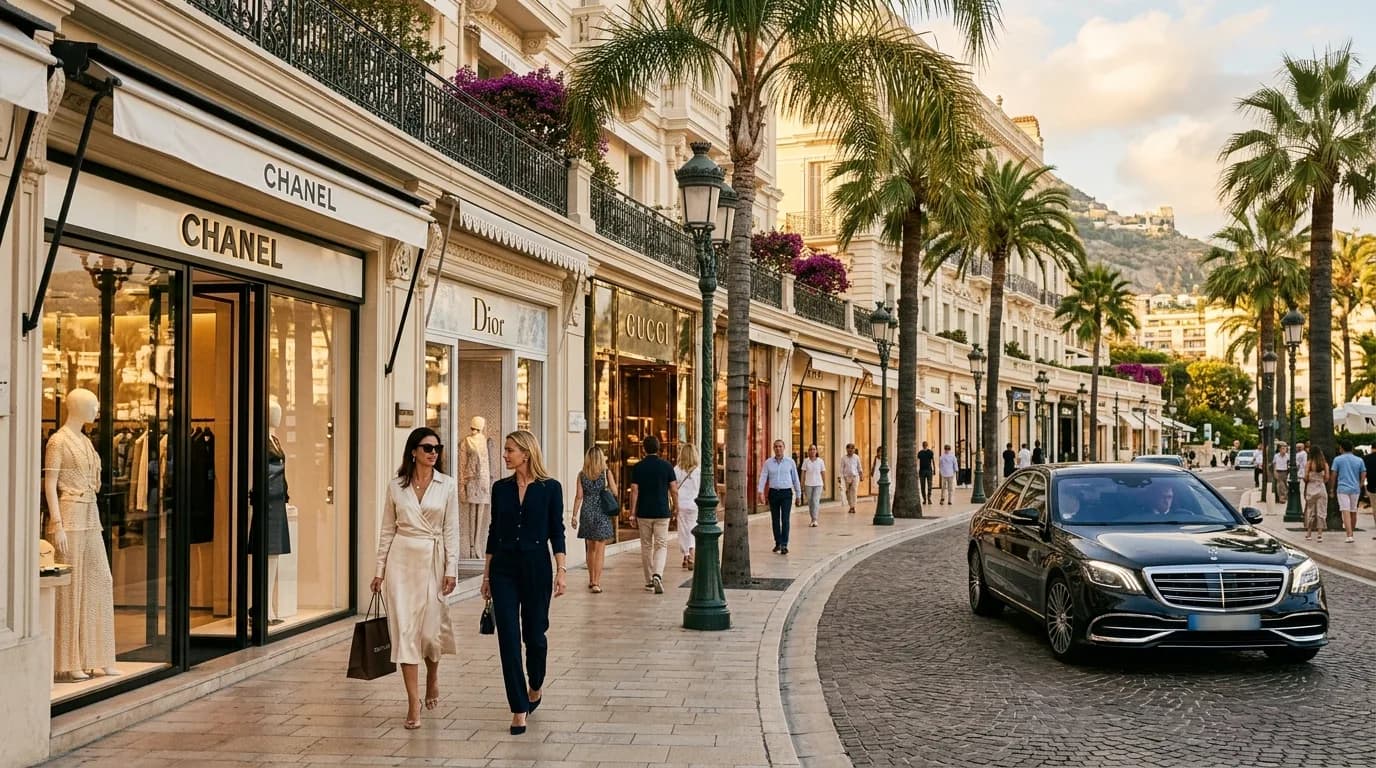 An elegant luxury shopping street in Monte-Carlo with designer boutiques and palm trees