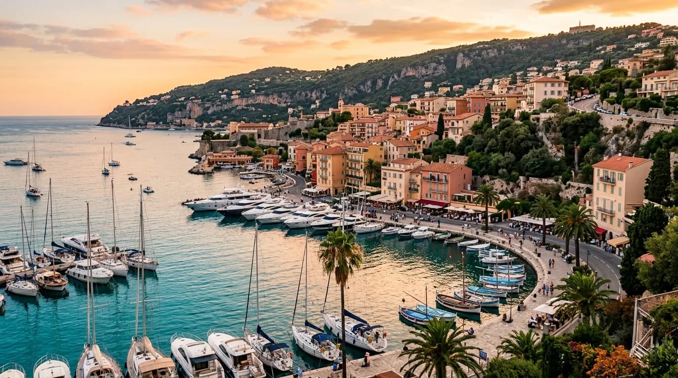 A scenic French Riviera coastal town with a harbour, yachts and pastel houses by the sea