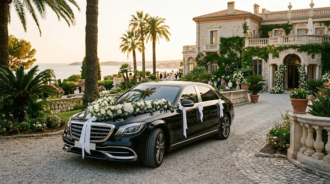 An elegant black chauffeur car decorated for a wedding outside a Riviera venue with flowers