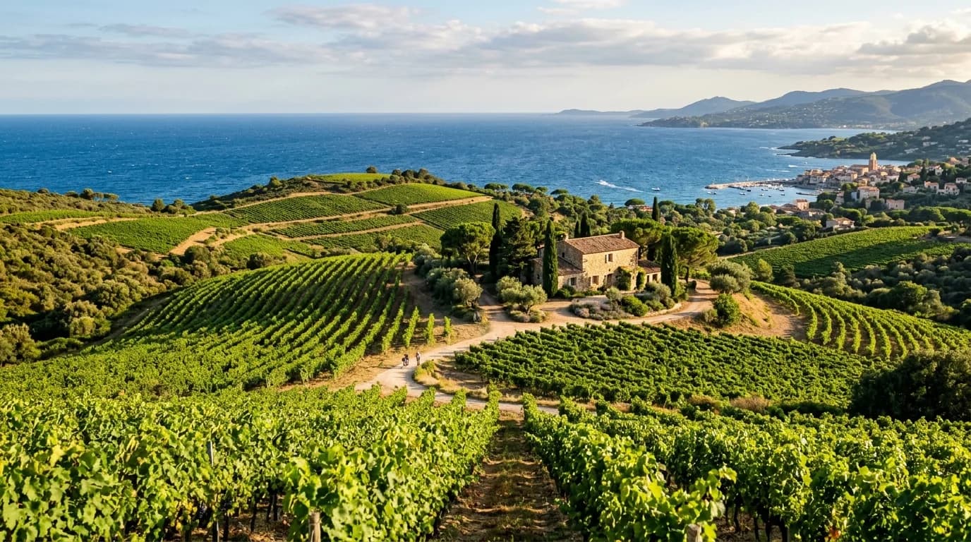 Rows of green vineyards on rolling hills near the French Riviera coast with the sea beyond
