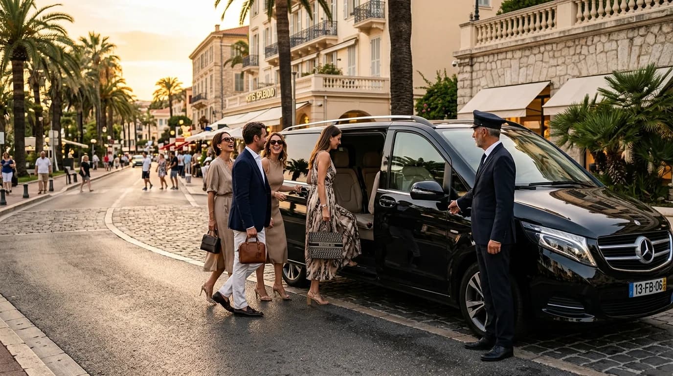 A group of guests boarding a black luxury Mercedes V-Class minivan with a chauffeur