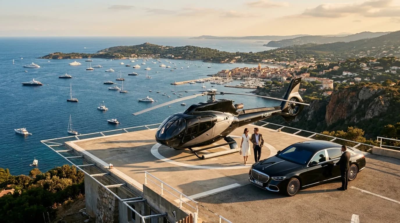 A helicopter on a helipad above the Riviera coast with a black luxury sedan waiting beside it