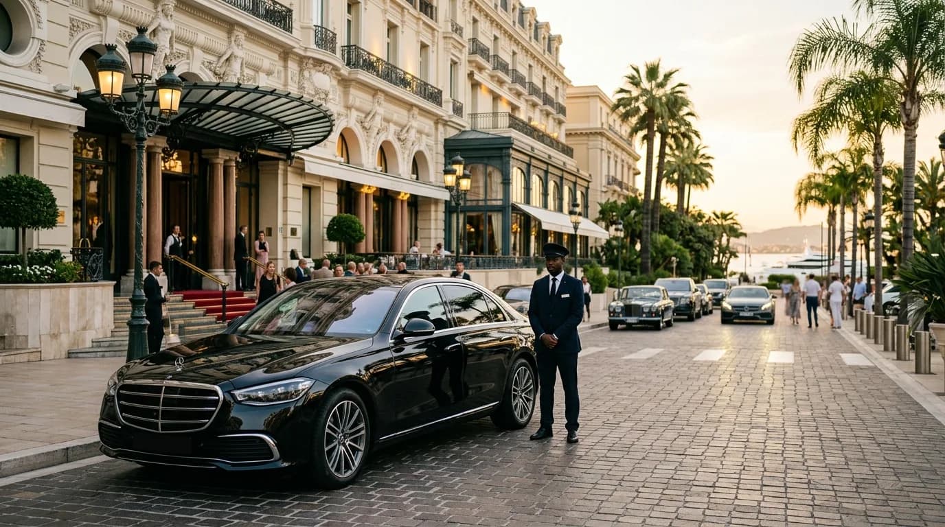 A luxury Mercedes with a chauffeur waiting outside a grand hotel on the Riviera