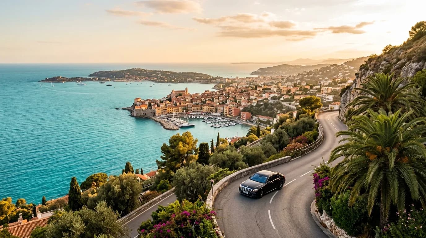 A panoramic view over the French Riviera coast with a corniche road and the sea