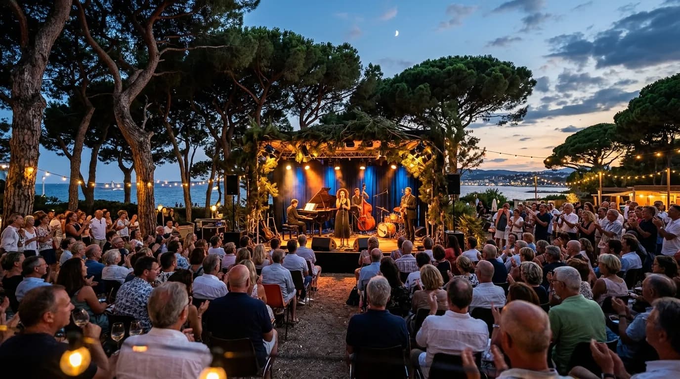 An evening jazz concert in the seaside pine grove at Juan-les-Pins with a lit stage