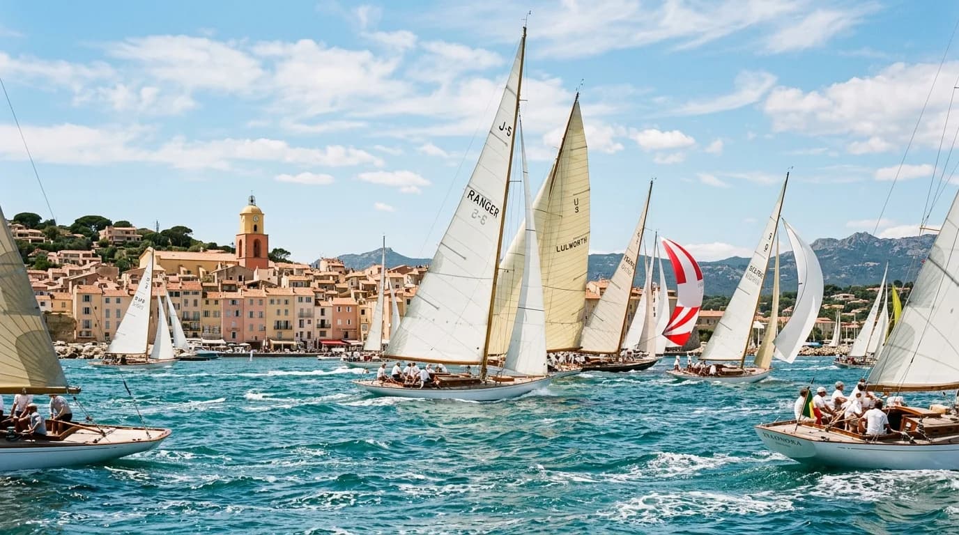Classic and modern sailing yachts racing in the Gulf of Saint-Tropez with the town behind
