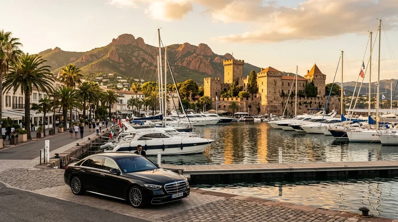 The marina of La Napoule with yachts, the medieval château and the red Esterel hills behind