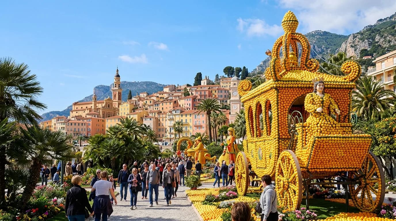 Giant sculptures made of lemons and oranges at the Menton Lemon Festival in the Jardins Biovès