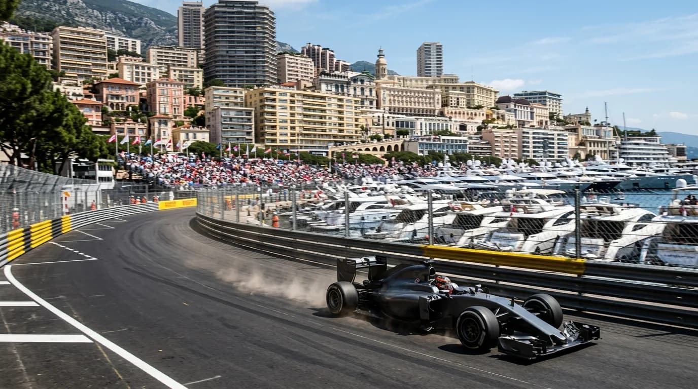A racing car on the Monaco street circuit along Port Hercule with grandstands and yachts