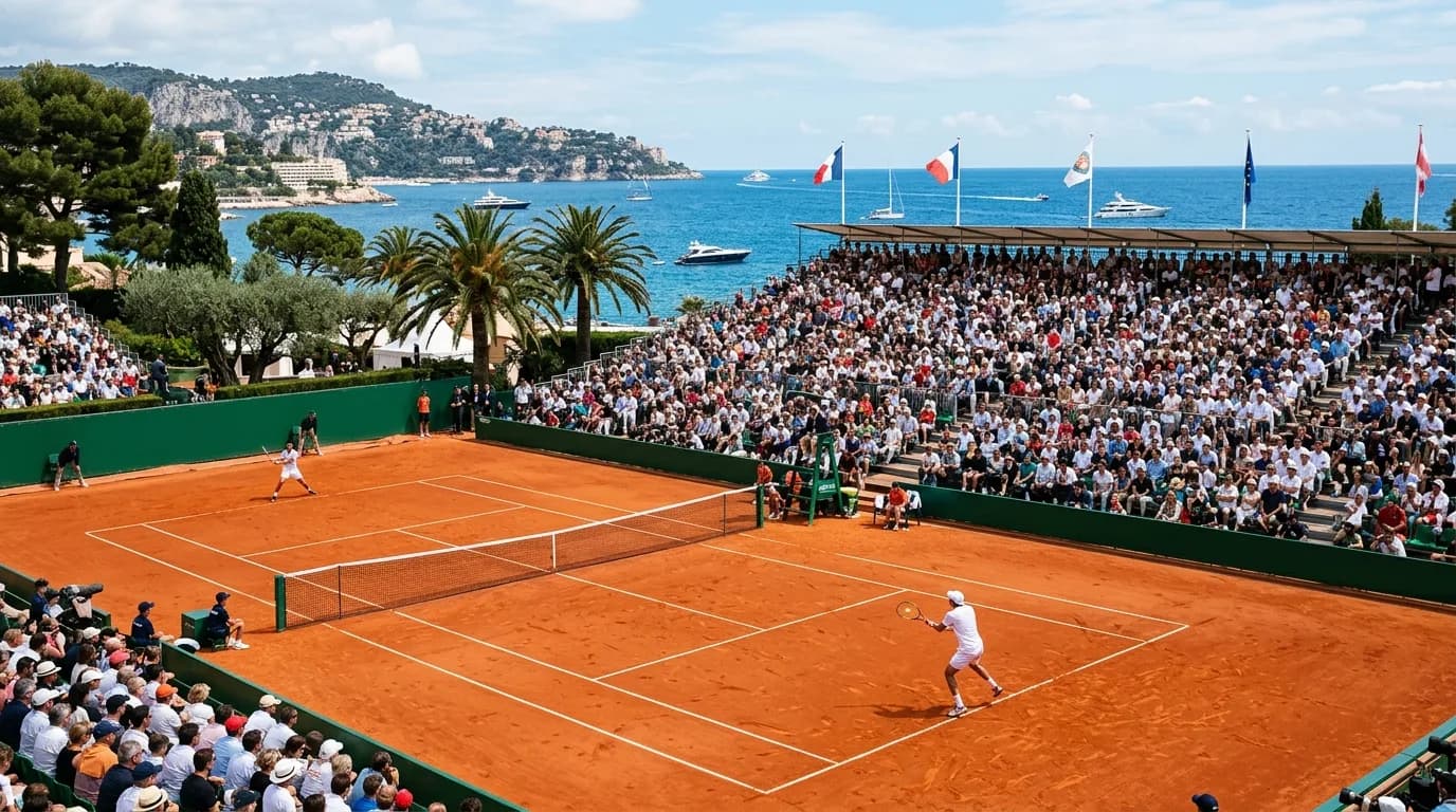 A red clay tennis court at a seaside club on the Riviera with stands and the Mediterranean behind