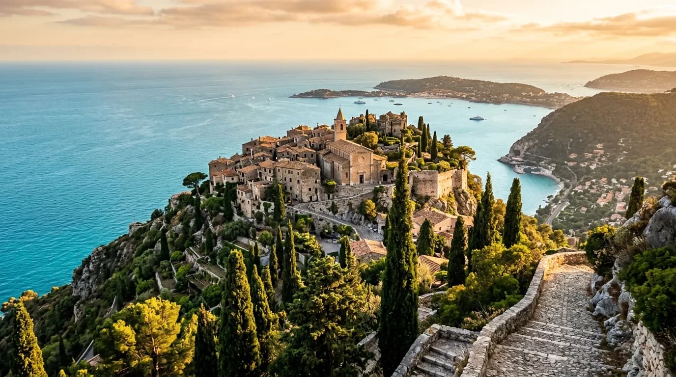 A perched medieval stone village on a hilltop above the French Riviera coast