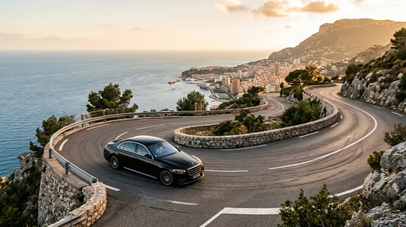 A luxury car on the Grande Corniche high above the French Riviera coast and Monaco