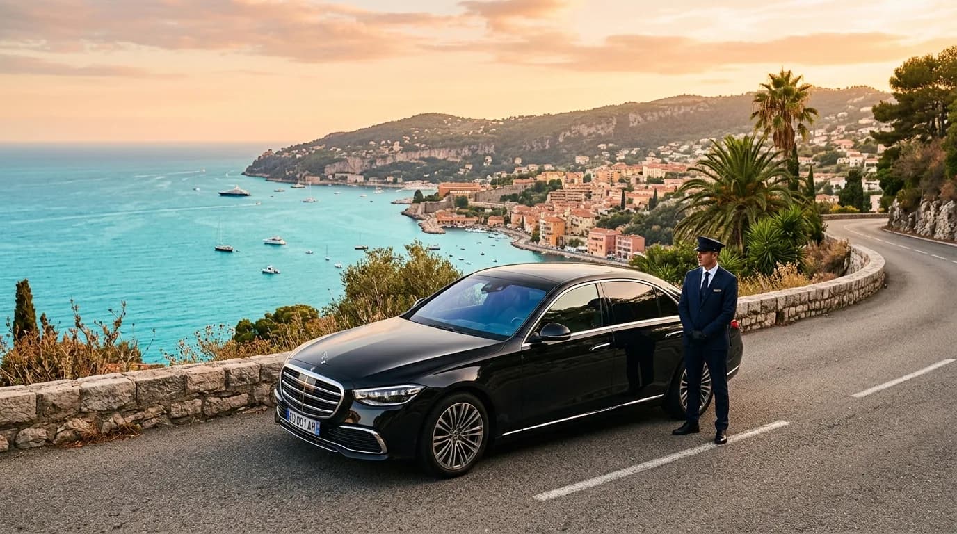 A luxury Mercedes with a chauffeur on a scenic French Riviera corniche road above the sea
