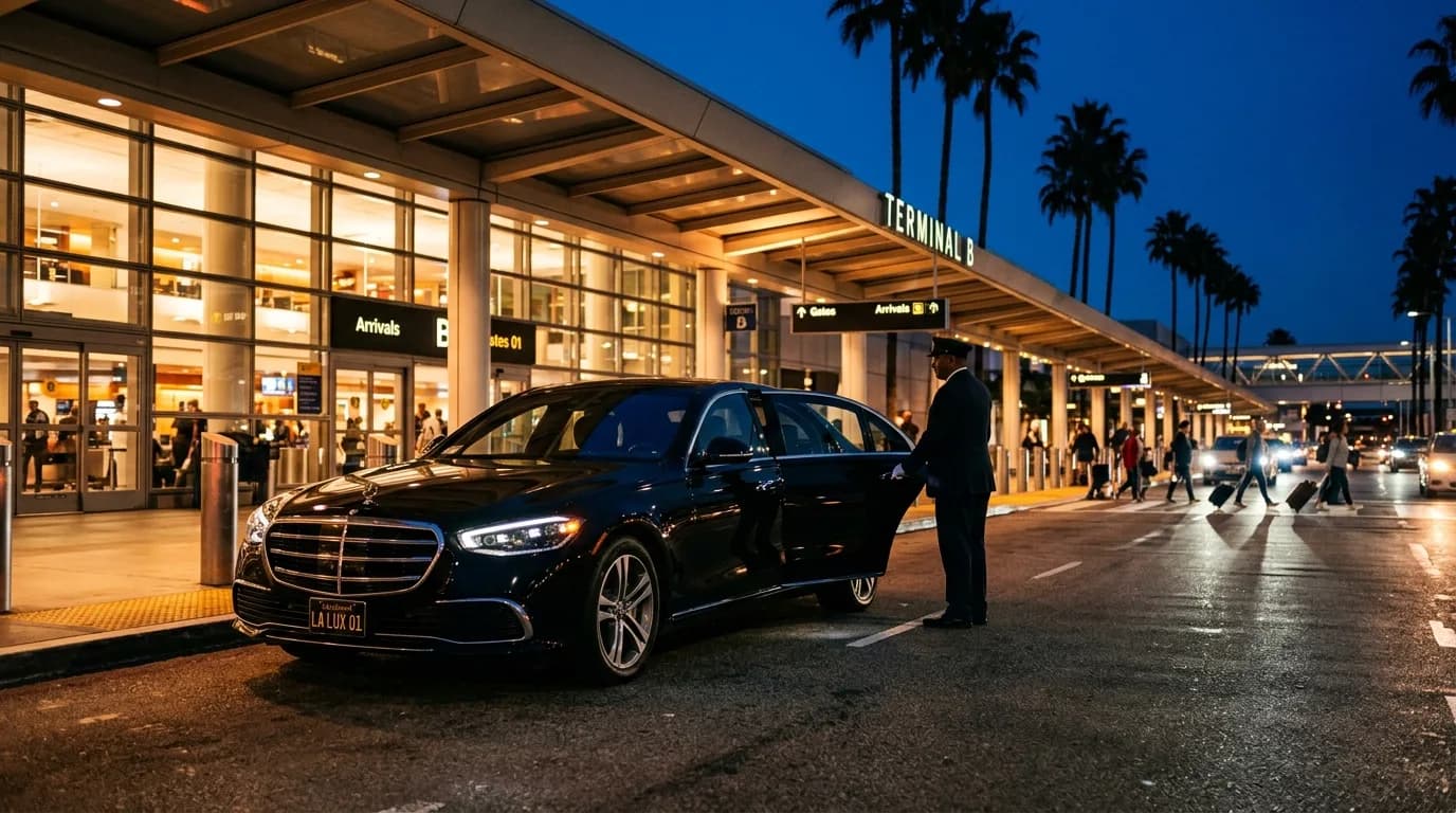 Black luxury chauffeur sedan waiting outside an airport terminal at night