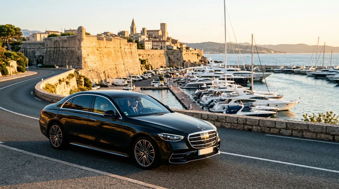 Black luxury chauffeur sedan by the Antibes old town ramparts and Port Vauban marina