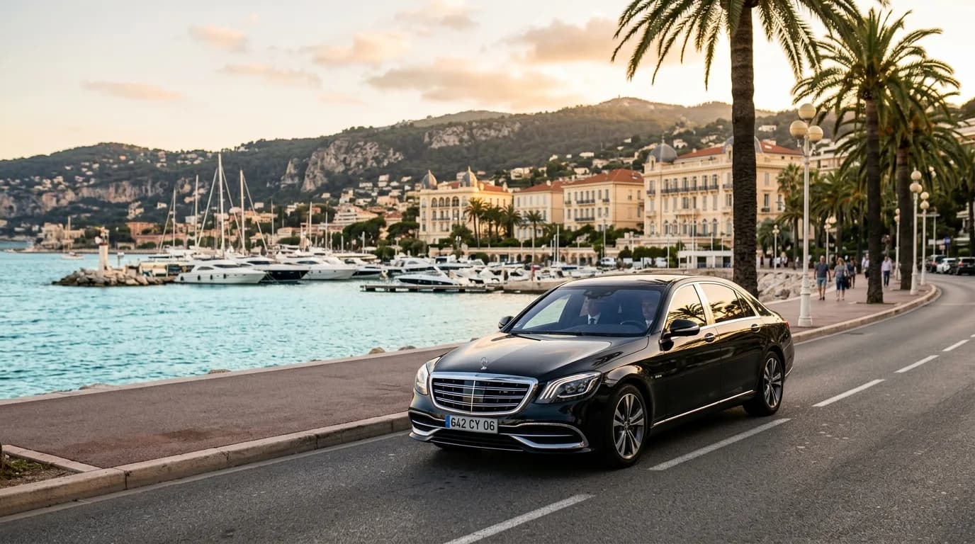 Black luxury chauffeur sedan on the palm-lined seafront of Beaulieu-sur-Mer