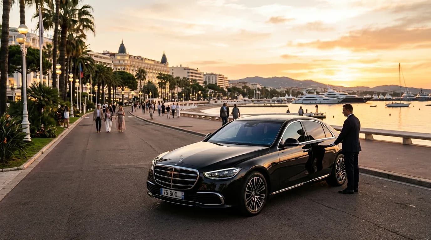 Black luxury chauffeur sedan on the Croisette seafront in Cannes at golden hour