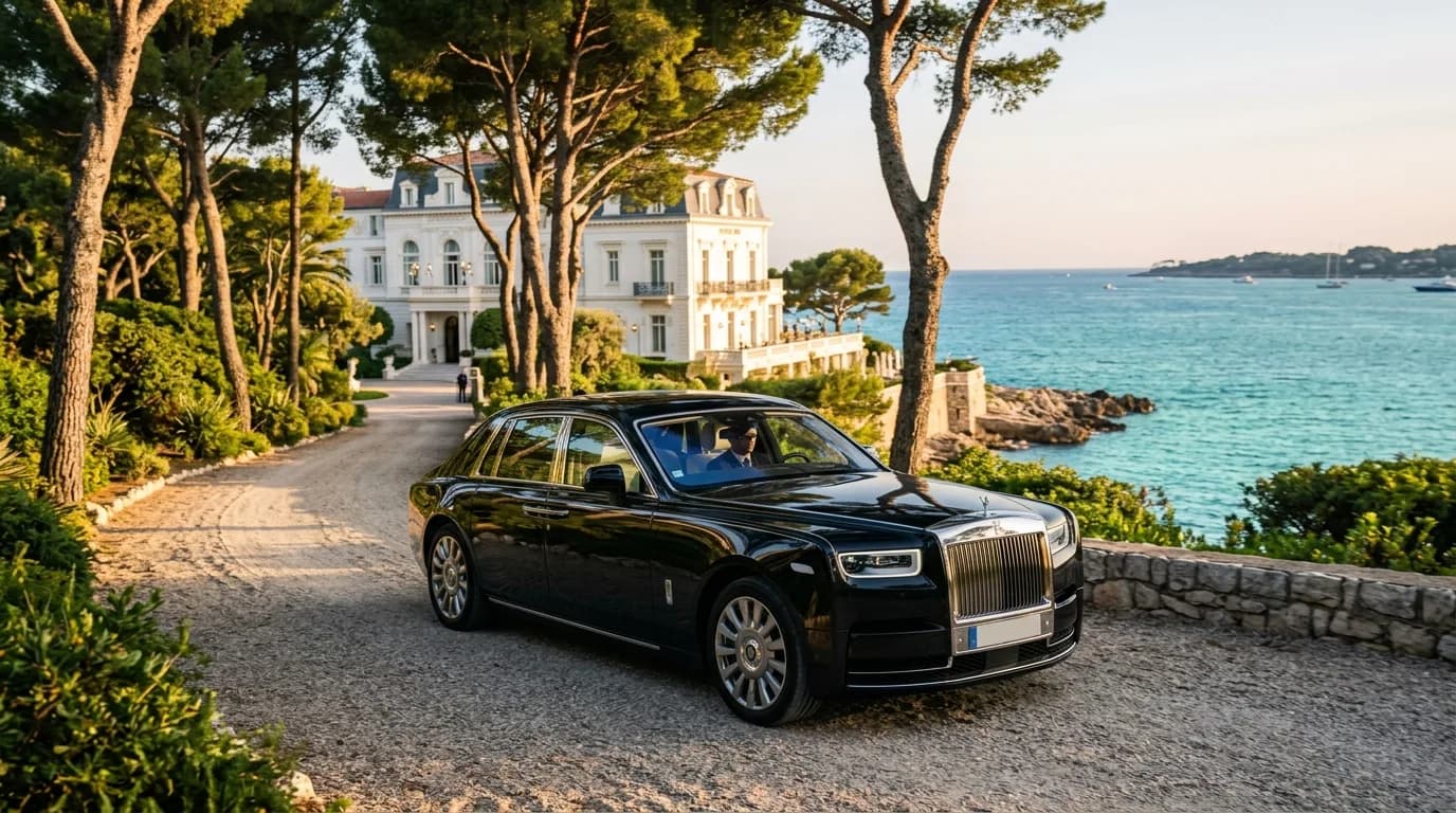 Black luxury chauffeur sedan on a pine-lined drive on Cap d'Antibes at golden hour
