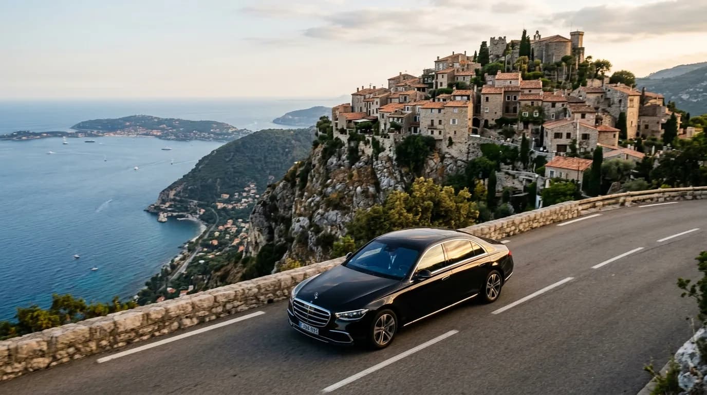 Black luxury chauffeur sedan on the corniche road below the perched village of Èze