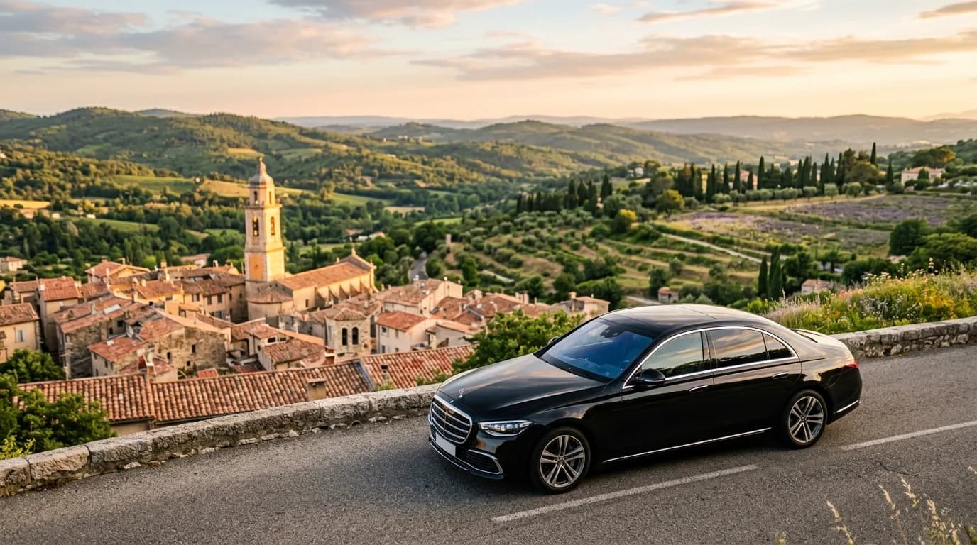 Black luxury chauffeur sedan on a hillside road below the old town of Grasse
