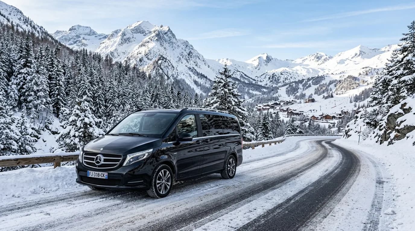 Black luxury chauffeur van on a snowy alpine road near a French ski resort