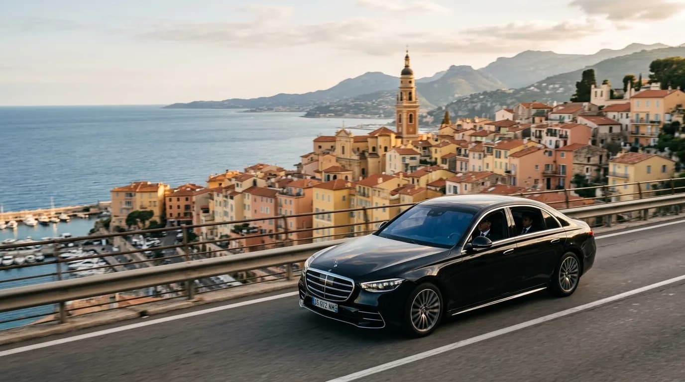 Black luxury chauffeur sedan on a coastal road above the pastel old town of Menton