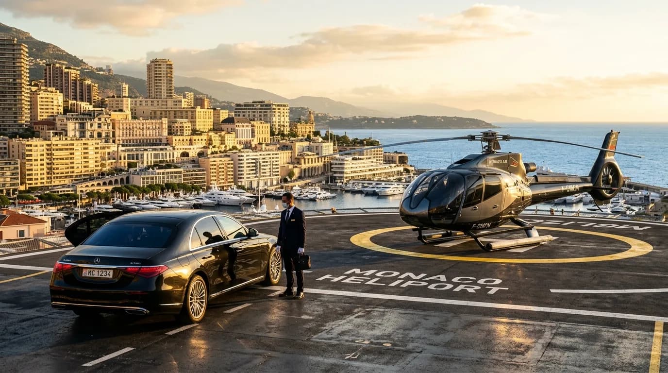 Black luxury chauffeur sedan beside a helicopter at the Monaco heliport at golden hour