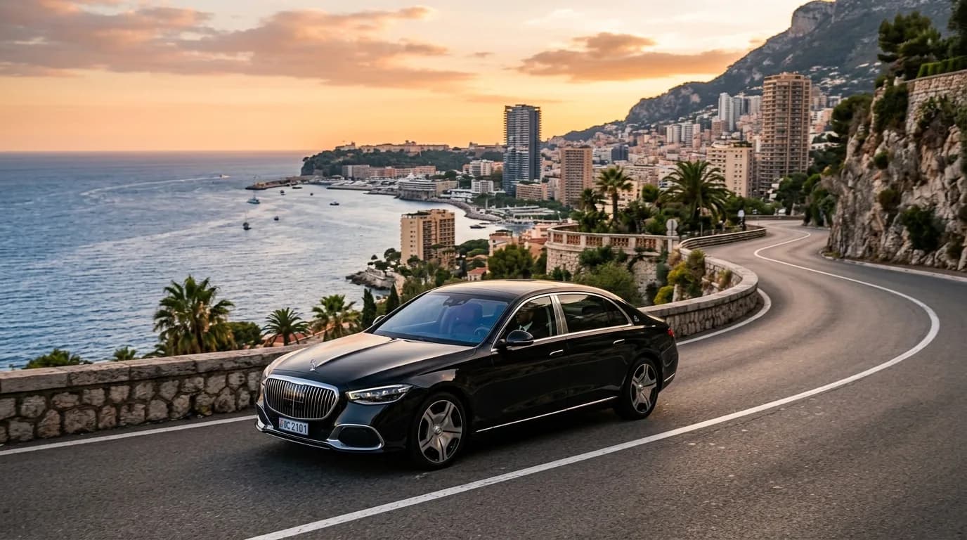 Black luxury chauffeur sedan on the French Riviera coast road with the Monaco skyline