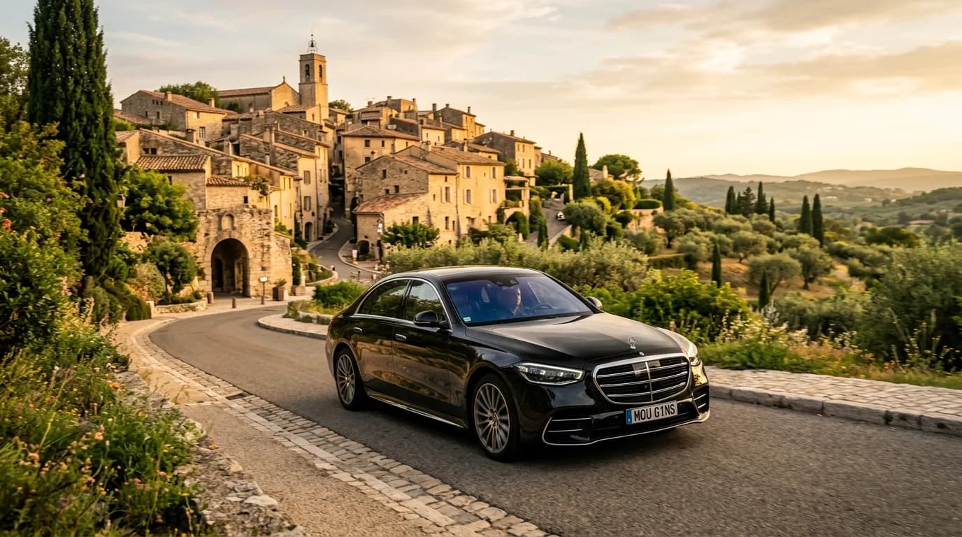 Black luxury chauffeur sedan on a road entering the perched village of Mougins