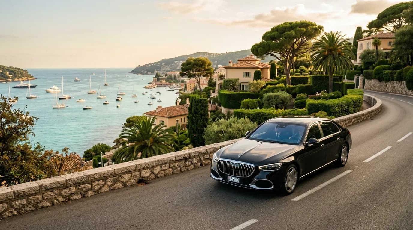 Black luxury chauffeur sedan on a coastal road on the Saint-Jean-Cap-Ferrat peninsula