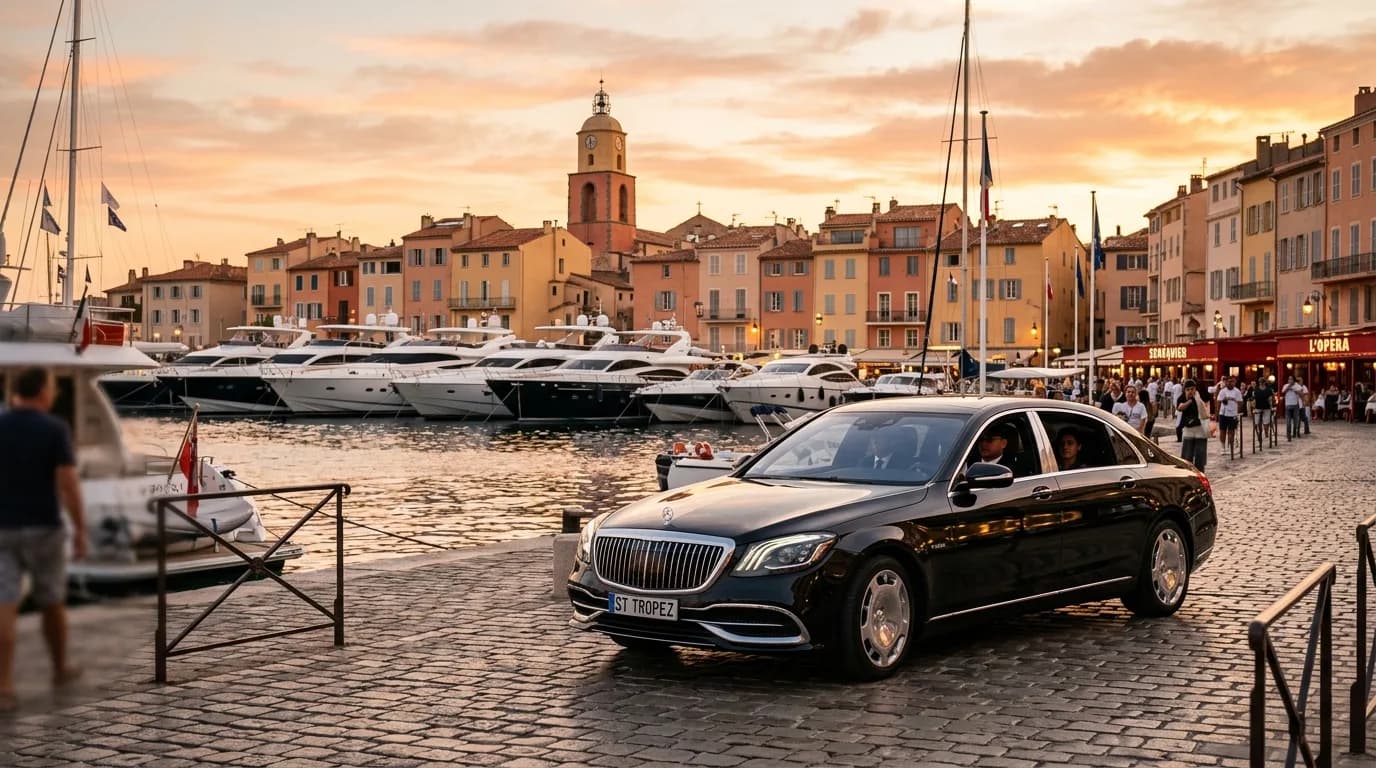 Black luxury chauffeur sedan at the old port of Saint-Tropez with yachts at golden hour